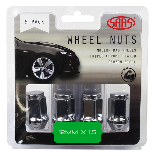 SAAS Wheel Nuts, Flat Head Bulge, 12 x 1.50 Chrome 35mm, Set Of 5