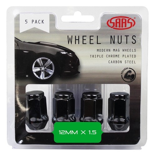 SAAS Wheel Nuts, Flat Head Bulge, 12 x 1.50, Black, 35mm, Set Of 5