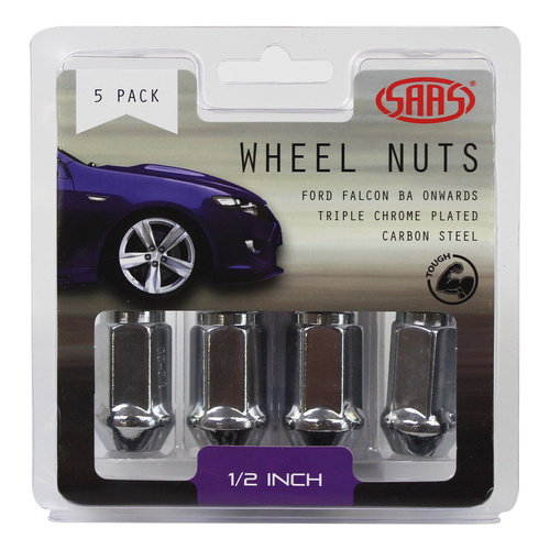 SAAS Wheel Nuts, Flat Head Bulge, 1/2 in., Chrome, 40mm, Set Of 5