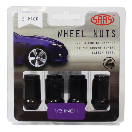 SAAS Wheel Nuts, Flat Head Bulge, 1/2 in., Black, 40mm, Set Of 5