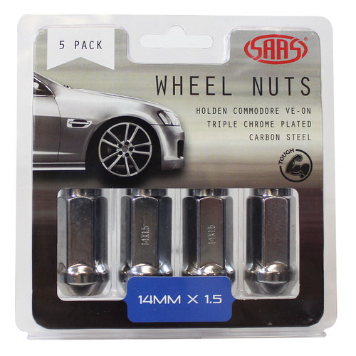SAAS Wheel Nuts, Flat Head Bulge, 14x 1.5 Chrome 45mm, Set Of 5