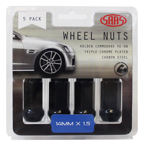 SAAS Wheel Nuts, Flat Head Bulge, 14x 1.5, Black, 45mm, Set Of 5
