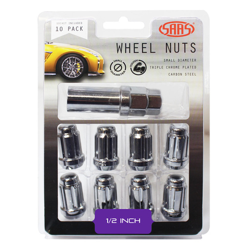 SAAS Wheel Nuts, S/D 6 Spline 1/2 Inc Key Chrome, Set Of 10