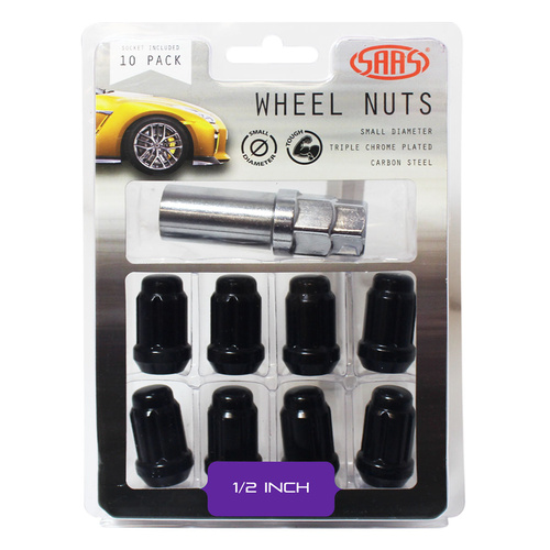 SAAS Wheel Nuts, S/D 6 Spline 1/2 Inc Key Black, Set Of 10