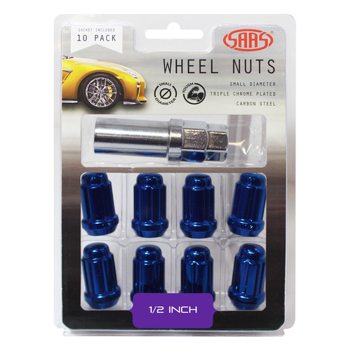 SAAS Wheel Nuts, S/D 6 Spline 1/2 Inc Key Blue, Set Of 10