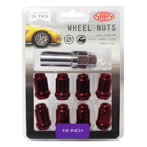 SAAS Wheel Nuts, S/D 6 Spline 1/2 Inc Key Red, Set Of 10
