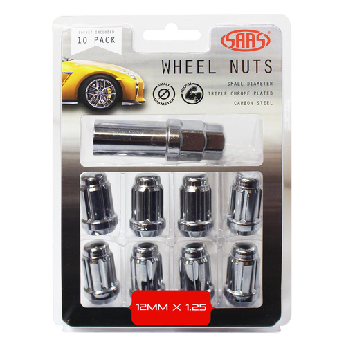 SAAS Wheel Nuts, S/D 6 Spline 12 x 1.25 Inc Chrome Key, Set Of 10
