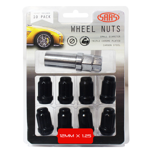 SAAS Wheel Nuts, S/D 6 Spline 12 x 1.25 Inc Key Black, Set Of 10