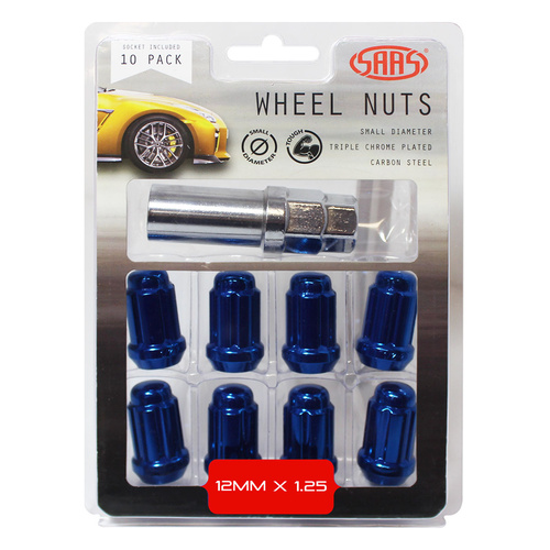 SAAS Wheel Nuts, S/D 6 Spline 12 x 1.25 Inc Key Blue, Set Of 10