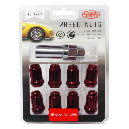 SAAS Wheel Nuts, S/D 6 Spline 12 x 1.25 Inc Key Red, Set Of 10
