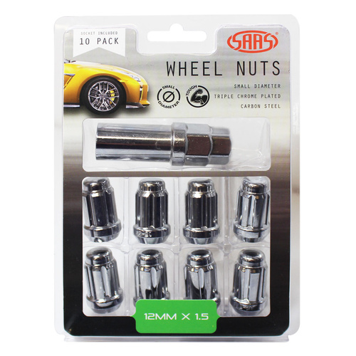 SAAS Wheel Nuts, S/D 6 Spline 12 x 1.50 Inc Key Chrome, Set Of 10