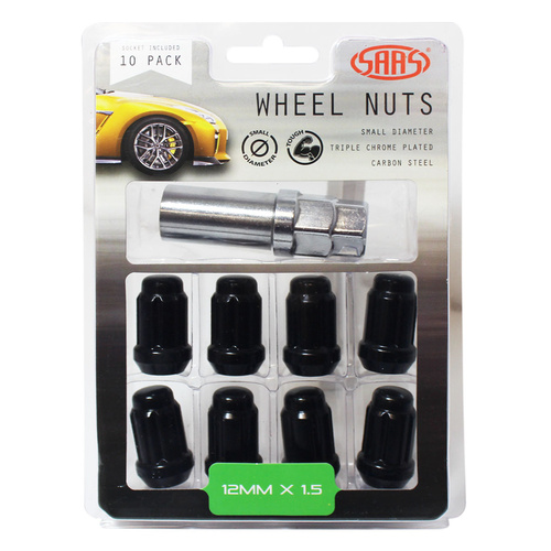 SAAS Wheel Nuts, S/D 6 Spline 12 x 1.50 Inc Key Black, Set Of 10