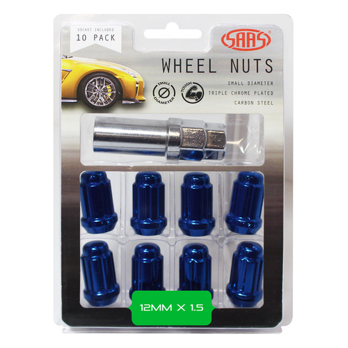 SAAS Wheel Nuts, S/D 6 Spline 12 x 1.50 Inc Key Blue, Set Of 10