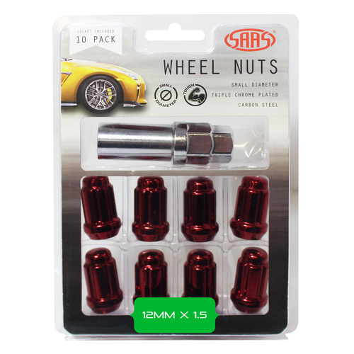 SAAS Wheel Nuts, S/D 6 Spline 12 x 1.50 Inc Key Red, Set Of 10