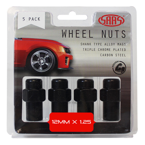 SAAS Wheel Nuts, Mag 12 x 1.25 Black 43mm, Set Of 5