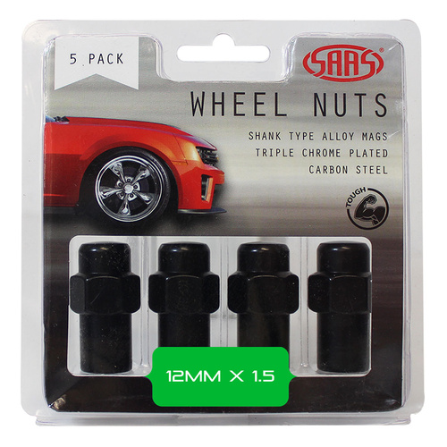 SAAS Wheel Nuts, Mag 12 x 1.50 Black 43mm, Set Of 5