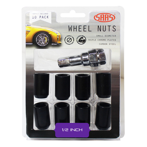 SAAS Wheel Nuts, S/D Int Hex 1/2 Inc Key Black, Set Of 10