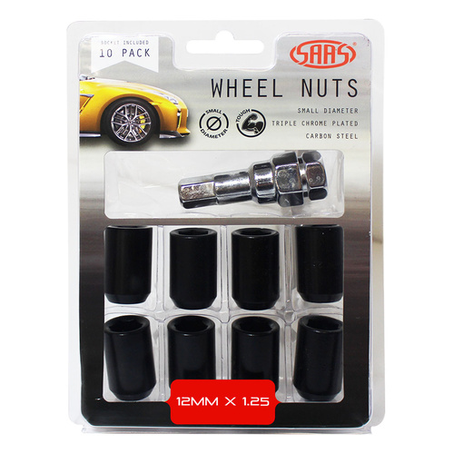 SAAS Wheel Nuts, S/D Int Hex 12 x 1.25 Inc Key Black, Set Of 10
