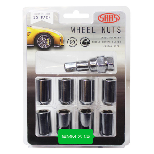 SAAS Wheel Nuts, S/D Int Hex 12 x 1.50 Inc Key Chrome, Set Of 10