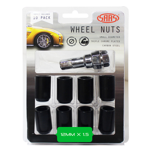 SAAS Wheel Nuts, S/D Int Hex 12 x 1.50 Inc Key Black, Set Of 10