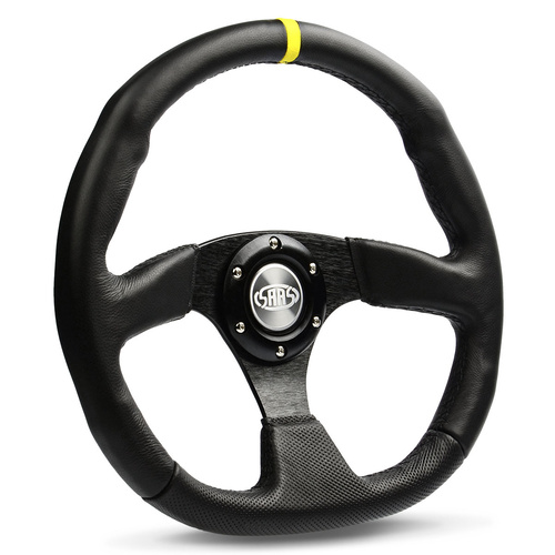 SAAS Steering Wheel Leather 14 in. Black Flat Bottom + Indicator, Each