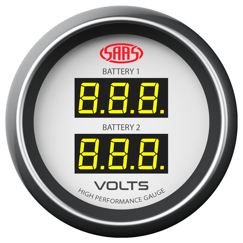 SAAS Dual Volt Digital Gauge 8V-18V 52mm White Muscle Series, Each