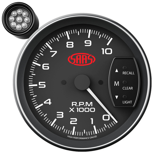 SAAS Tachometer 0-10K Shiftlite 5 in. Black Muscle Series, Each