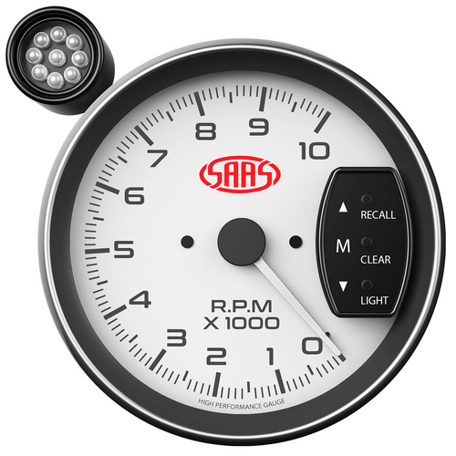 SAAS Tachometer 0-10K Shiftlite 5 in. White Muscle Series, Each