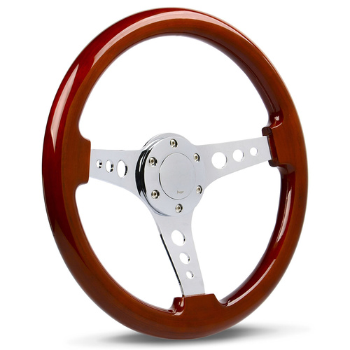 SAAS Steering Wheel Wood 14 in. Logano Chrome Spoke & Button, Each