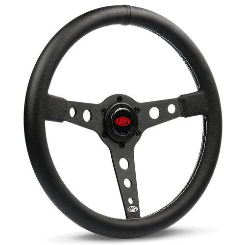 SAAS Steering Wheel Leatherette 14 in. Retro Black Spoke White Stitc, Each