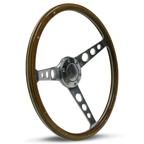 SAAS Steering Wheel Wood 15 in. Classic Polished Alloy Holes + Rivet, Each