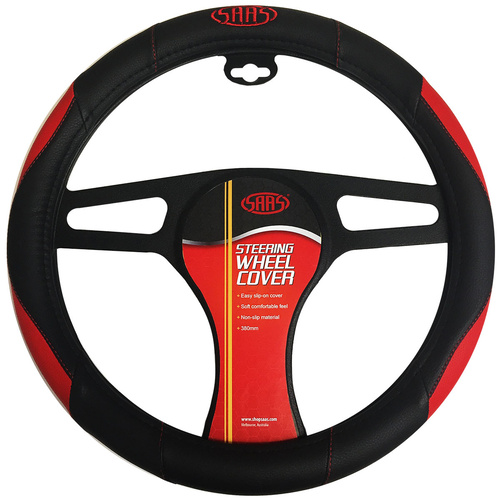 SAAS Steering Wheel Cover Blk-Red Poly With Logo 380mm