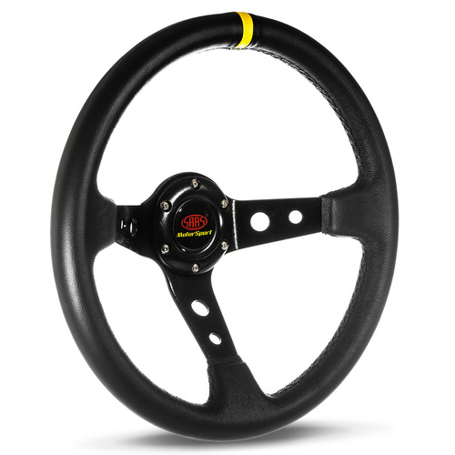 SAAS Steering Wheel Leather 14 in. Gt D.Dish Black With Holes + Indicator, Each