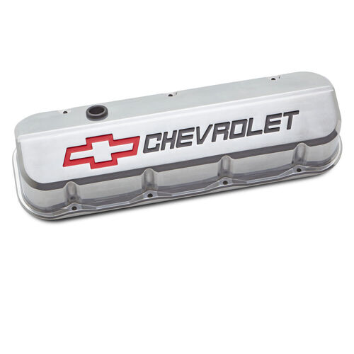 Proform , Chevrolet Big-Block Slant-Edge Valve Covers, Polished; Tall; Recessed Red/Black Emblems