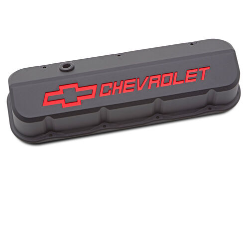 Proform , Chevrolet Big-Block Slant-Edge Valve Covers, Black Crinkle; Tall; Recessed Red Emblems