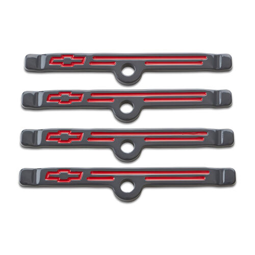 Proform , Chevrolet Performance Hold Down Clamps, Shark Gray Finish Chevy Hold-Down Clamps w/ Red Bowtie Logo