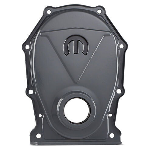 Proform , MOPAR Omega "M" Emblem Timing Chain Cover, Shark Gray; Recessed Black MOPAR Emblem