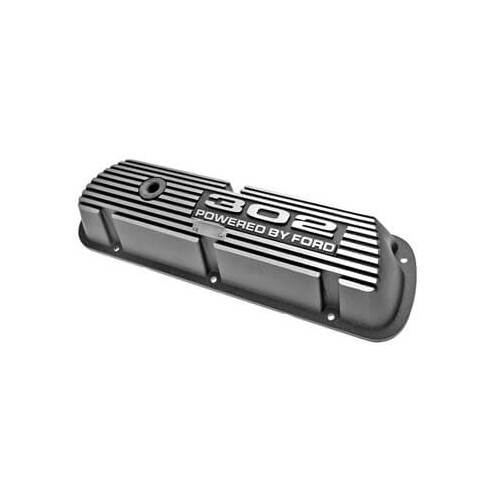 Scott Drake Classic Valve Covers, Cast Aluminum, Black Powdercoated, 302 Powered by For Ford Logo, Pair
