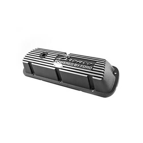 Scott Drake Classic Valve Covers, Tall, Cast Aluminum, Black Wrinkle, Bronco Powered By For Ford Logo, For Ford, Small Block Windsor, Pair