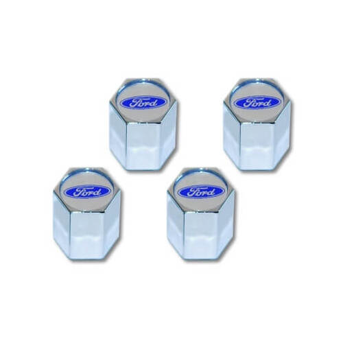 Scott Drake Classic Valve Stem Caps, Standard, Hex Flat Cap, Aluminum, Chrome, Blue Oval Logo, Set of 4