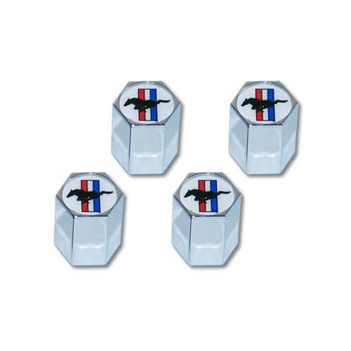 Scott Drake Classic Valve Stem Caps, Standard, Hex Flat Cap, Plastic, Chrome, Tri-bar Logo, Set of 4