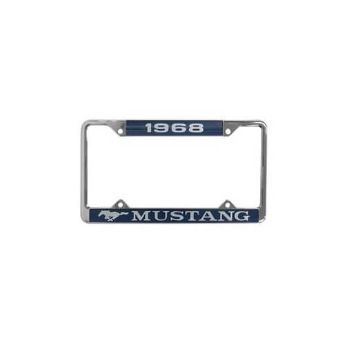 Scott Drake Classic License Plate Frame, Blue/Chrome, 1968 Mustang, Die-Cast Zinc, Chrome Frame, Each