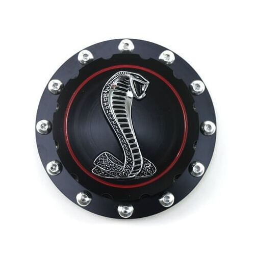 Scott Drake Classic Fuel Tank Cap, Aluminum, Black Anodized, Cobra Emblem, For Ford, Each