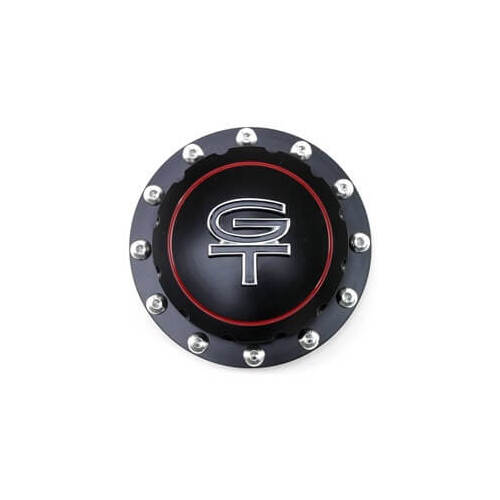 Scott Drake Classic Fuel Tank Cap, Aluminum, Black Anodized, GT Logo, For Ford, Each