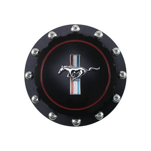 Scott Drake Classic Fuel Tank Cap, Aluminum, Black Anodized, Standard Running Pony Logo, For Ford, Each