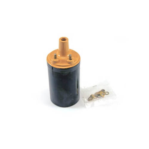 Scott Drake Classic Ignition Coil, Black Canister, Yellow Top, Round, Concours For Ford, Mustang, Falcon GT, GTHO, Each