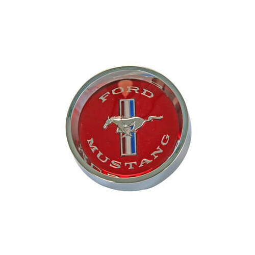 Scott Drake Classic Center Cap, Styled, Flat, Screw-on, Steel, Chrome, Mustang Bar and Pony Red Logo, 1.75 in. Diameter, For Ford, Each