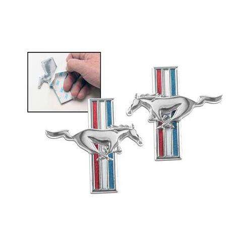 Scott Drake Classic Emblem, Fender, Chrome/Red/White/Blue, Running Pony Logo, For Ford, Pair
