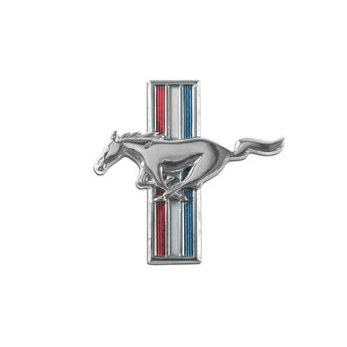 Scott Drake Classic Emblem, Driver Side Fender, Chrome/Red/White/Blue, Running Pony Logo, For Ford, Each