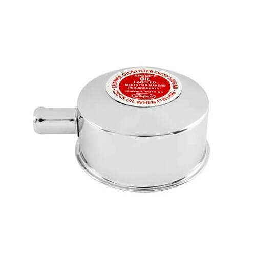 Scott Drake Classic Valve Cover Oil Cap, Round, Push-in, Steel, Chrome, Vent Tube, For Ford Oil Decal, For Ford, Each